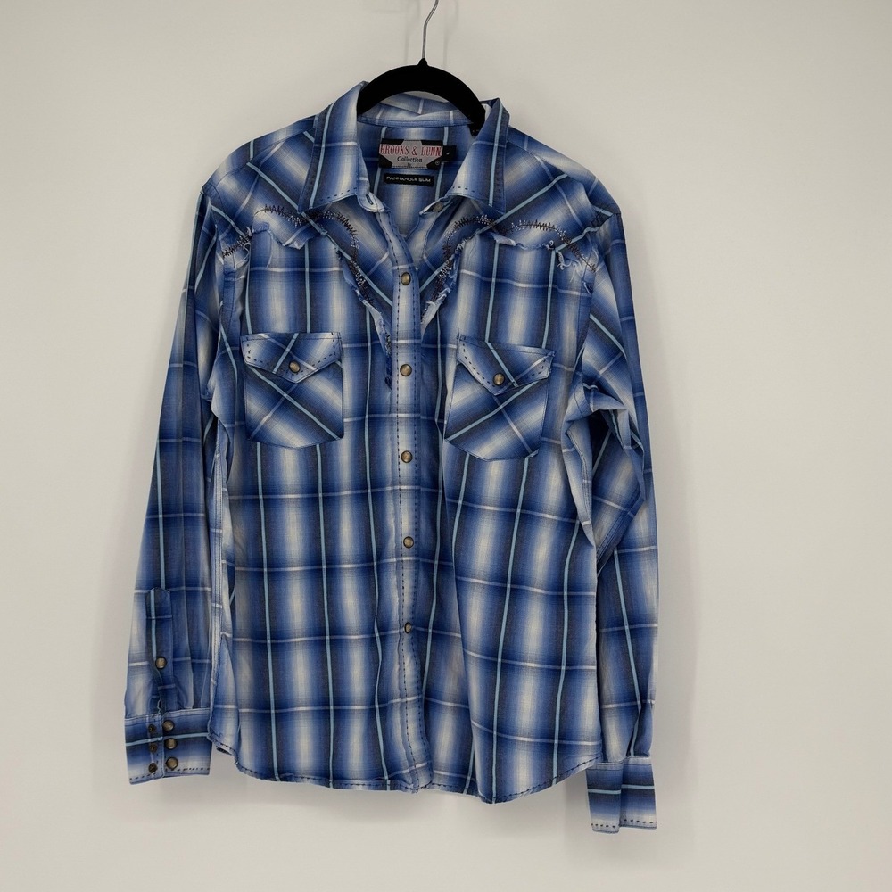 Brooks & Dunn Panhandle Slim Blue Plaid Distressed Western Pearl Snap Shirt L
